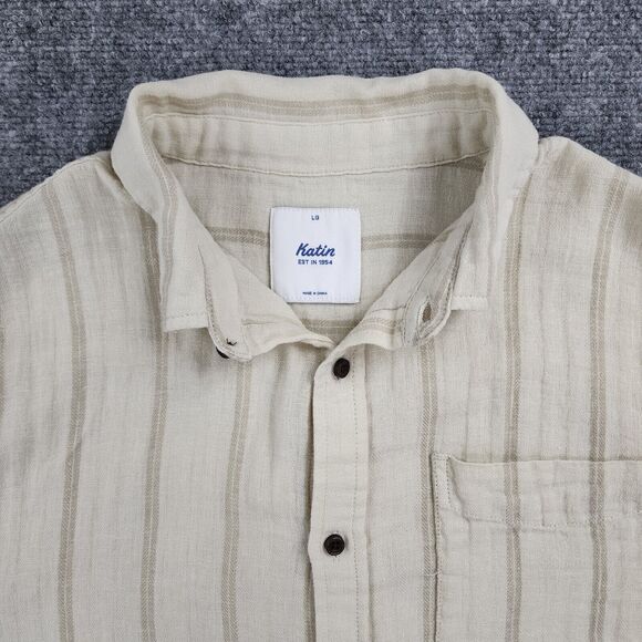 Katin Other - Katin Shirt Mens Large Beige Striped Linen Blend Short Sleeve Casual Button Up